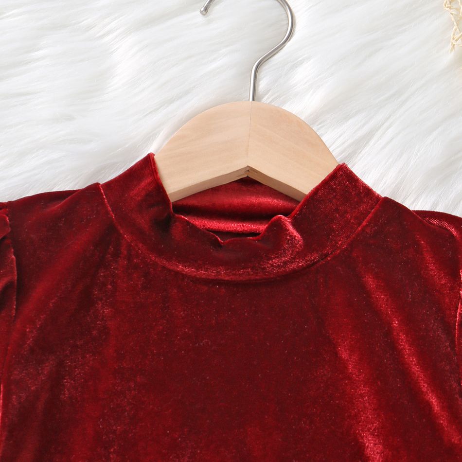 Kid Girl Solid Color Christmas Mock Neck Puff-sleeve Velvet Dress Red big image 4