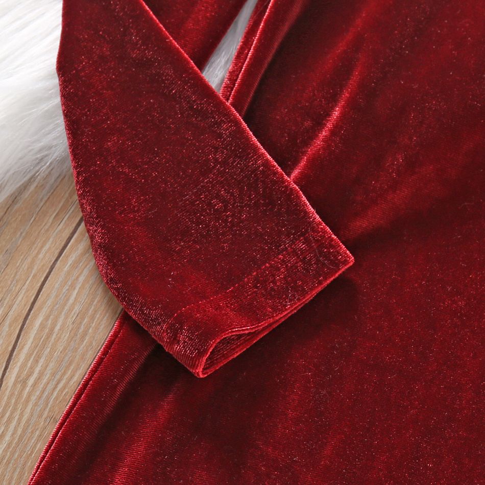 Kid Girl Solid Color Christmas Mock Neck Puff-sleeve Velvet Dress Red big image 5