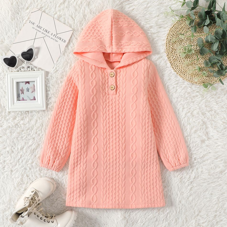 Kid Girl Solid Color Textured Button Design Hooded Sweatshirt Dress Pink