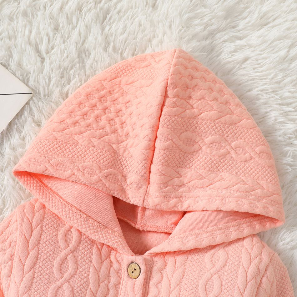 Kid Girl Solid Color Textured Button Design Hooded Sweatshirt Dress Pink big image 4