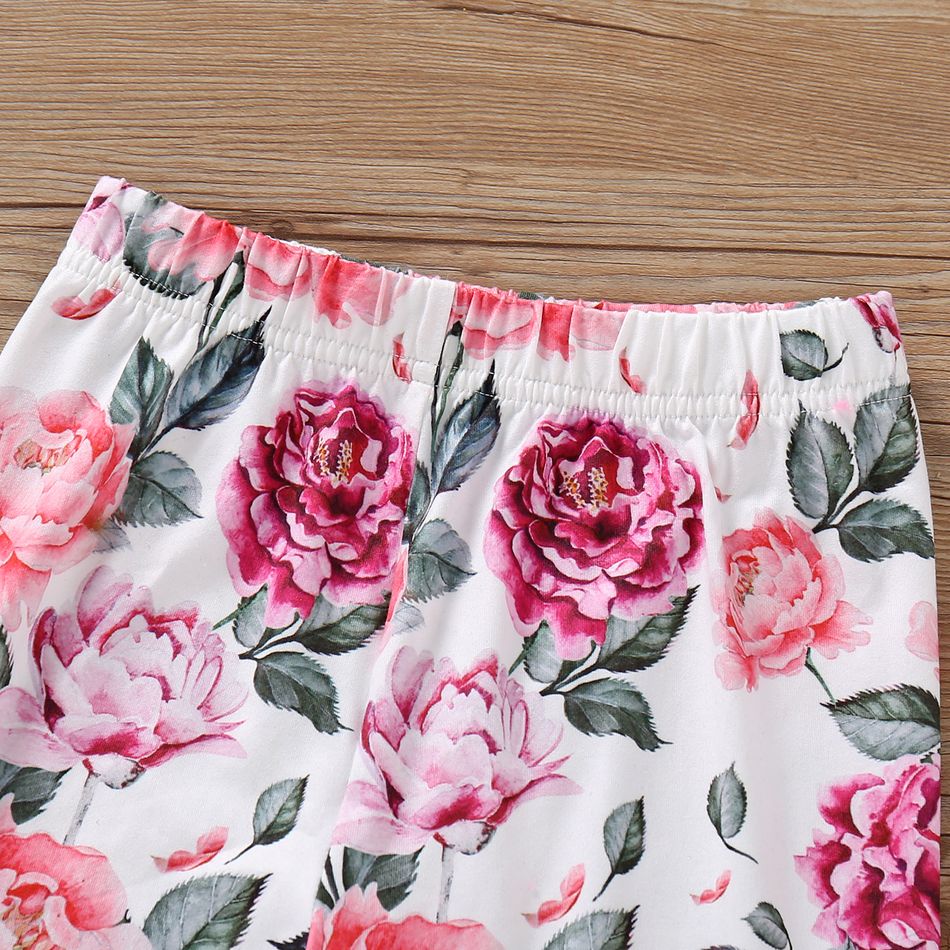 2pcs Kid Girl Ruffled Heart Embroidered Long-sleeve Tee and Floral Print Leggings Set Pink big image 6