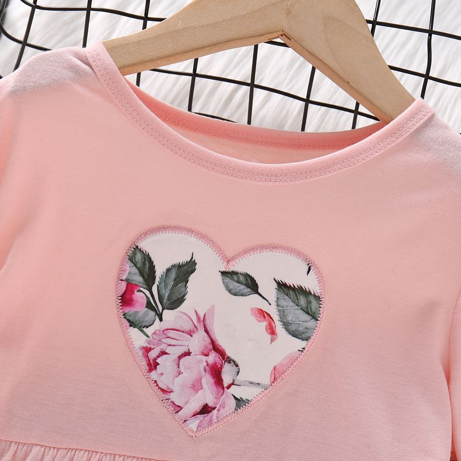 2pcs Kid Girl Ruffled Heart Embroidered Long-sleeve Tee and Floral Print Leggings Set Pink big image 3
