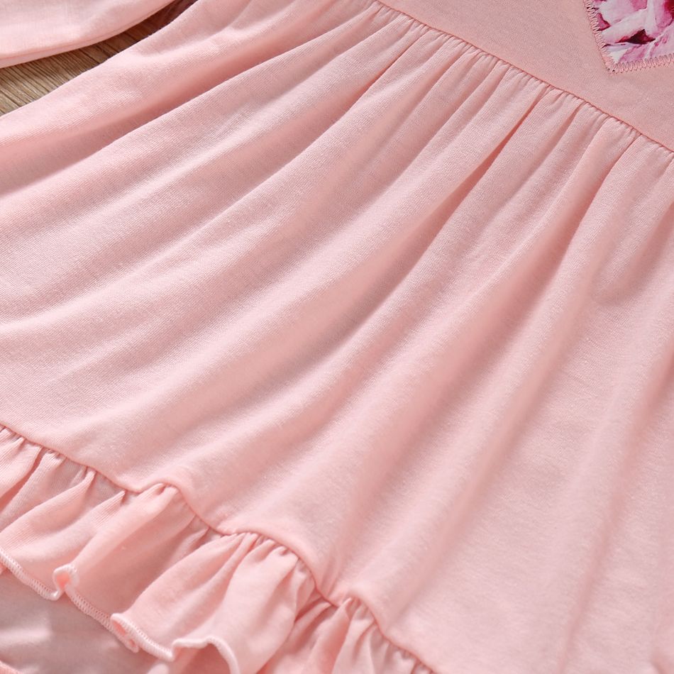 2pcs Kid Girl Ruffled Heart Embroidered Long-sleeve Tee and Floral Print Leggings Set Pink big image 5