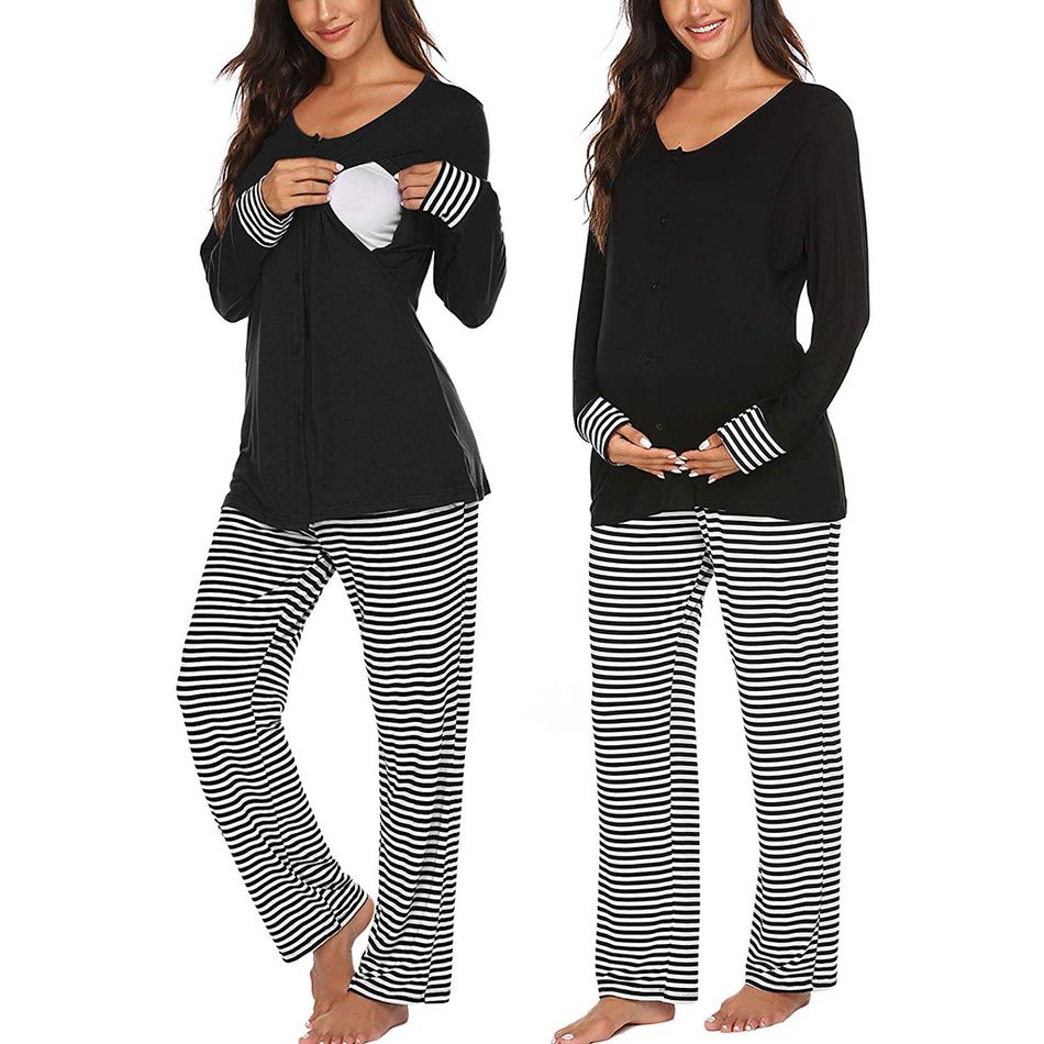 Casual Striped Long-sleeve Nursing Pajamas Set Black big image 1