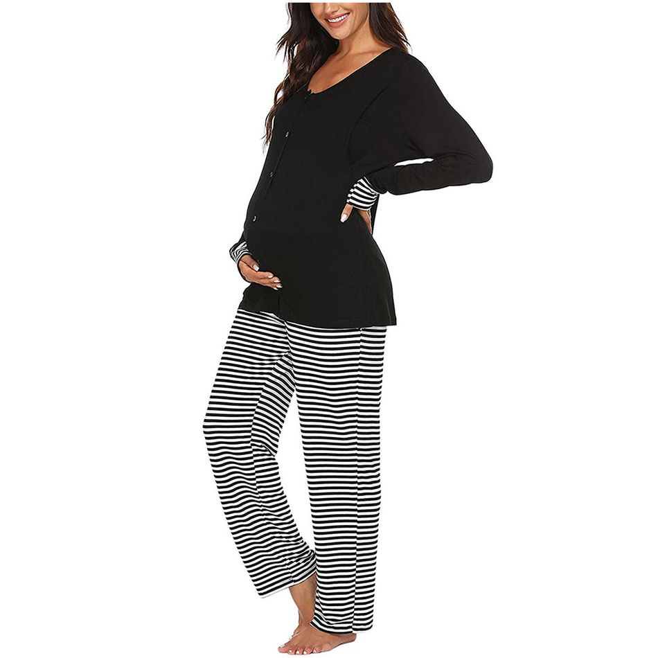 Casual Striped Long-sleeve Nursing Pajamas Set Black big image 2