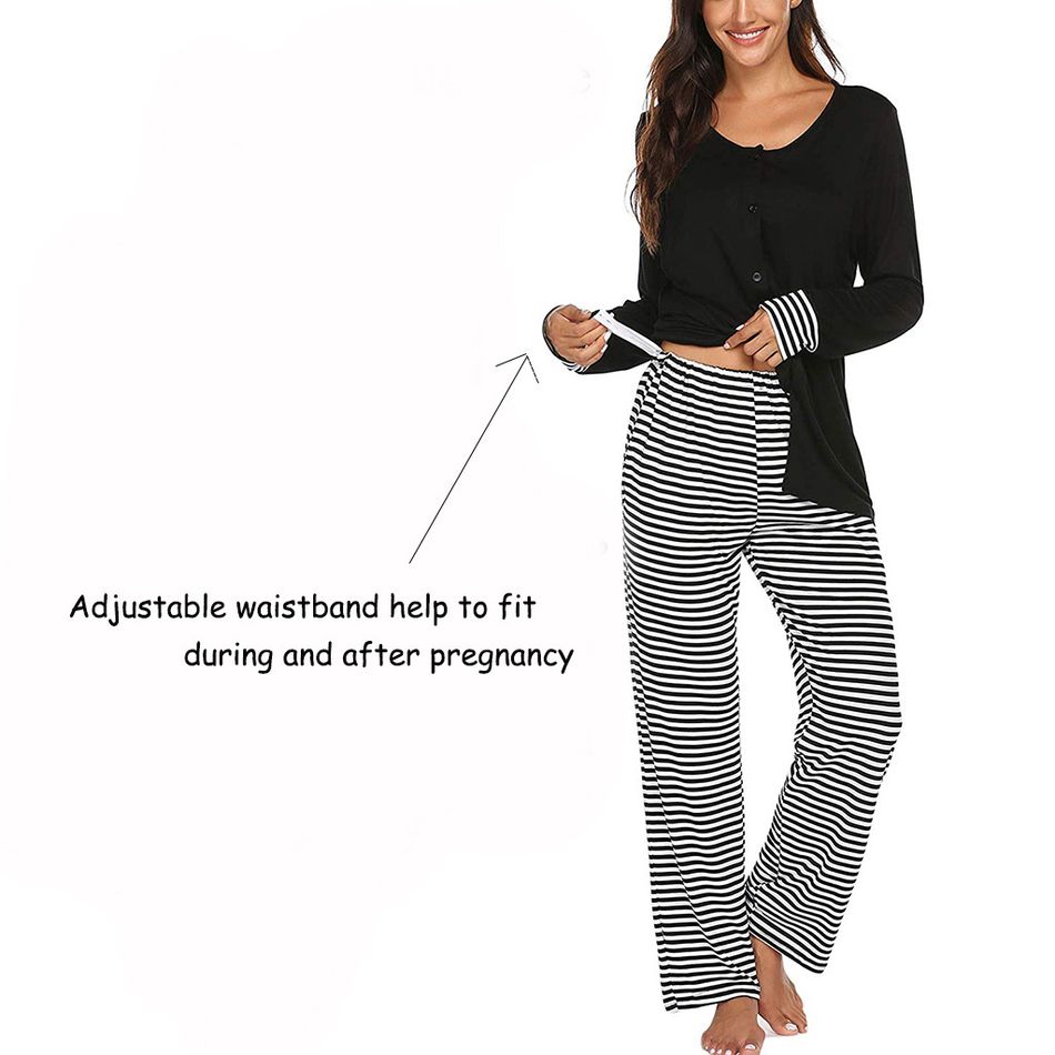 Casual Striped Long-sleeve Nursing Pajamas Set Black big image 3
