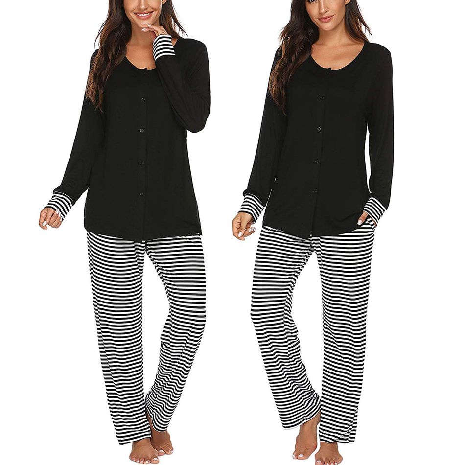 Casual Striped Long-sleeve Nursing Pajamas Set Black
