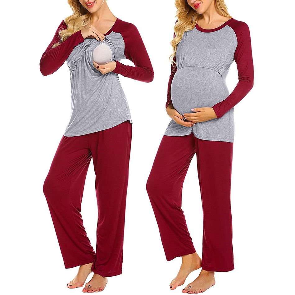 Cozy Solid Long-sleeve  Nursing Pajamas Burgundy big image 1