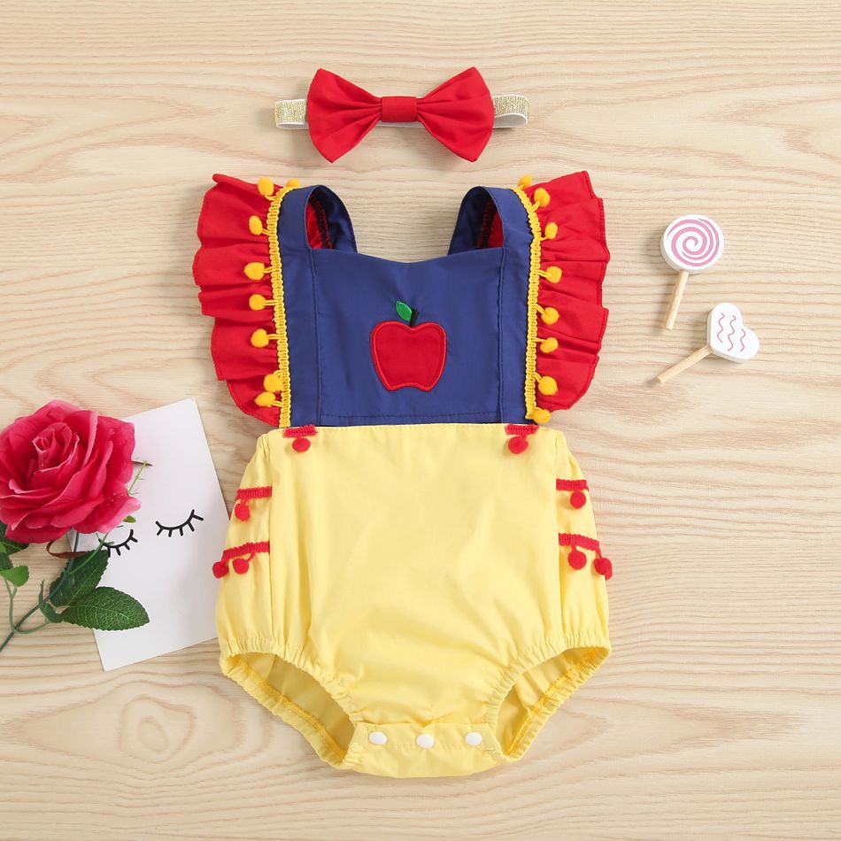 2pcs Apple Patch Color Block Baby Romper Set Red