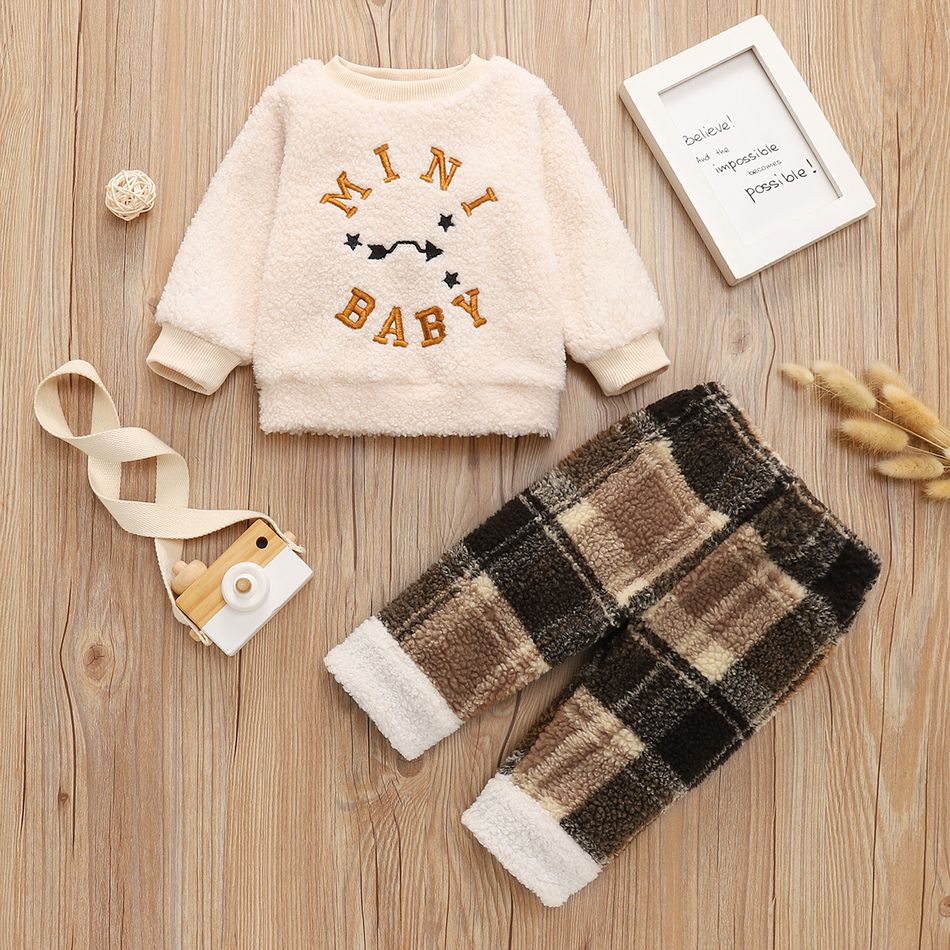 2pcs Baby Boy Letter Embroidered Thickened Fuzzy Fleece Long-sleeve Pullover and Plaid Trousers Set Apricot