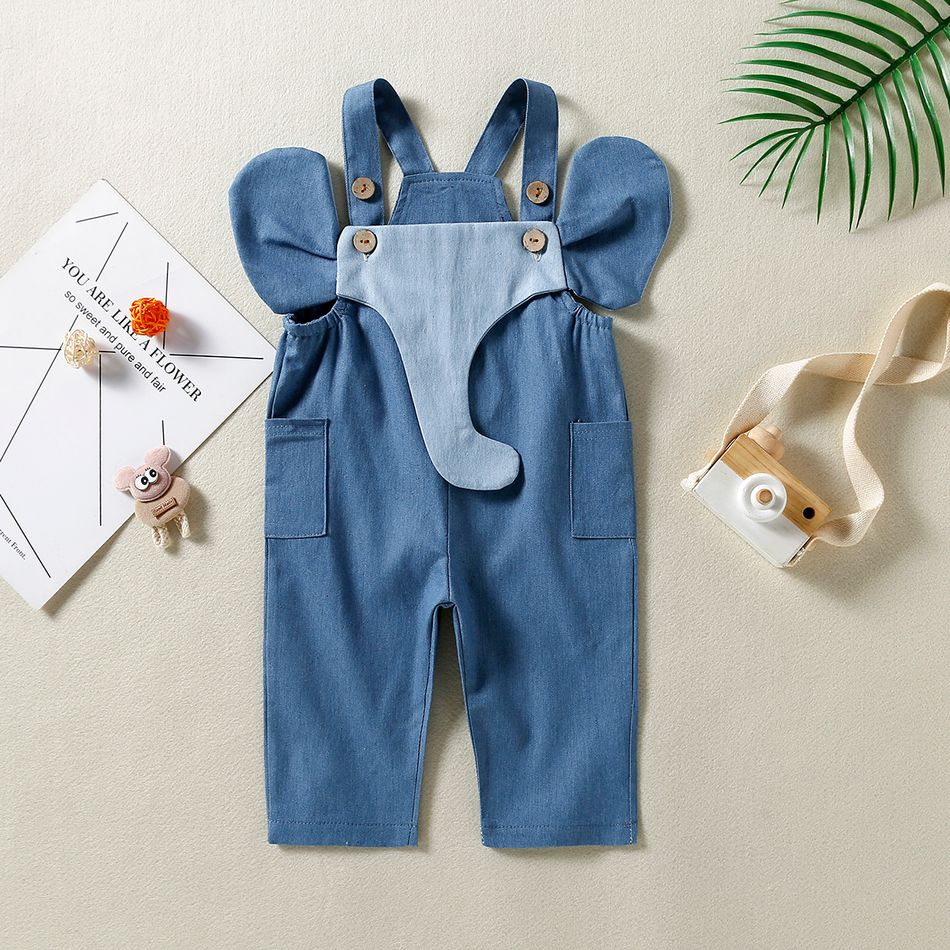Baby Girl Cartoon Elephant Design Blue Denim Sleeveless Jumpsuit Overalls with Pockets Navy