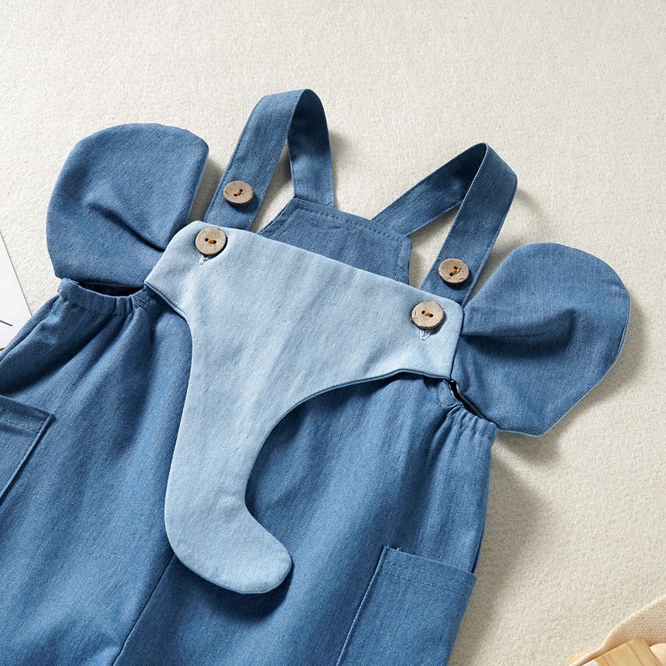 Baby Girl Cartoon Elephant Design Blue Denim Sleeveless Jumpsuit Overalls with Pockets Navy big image 3