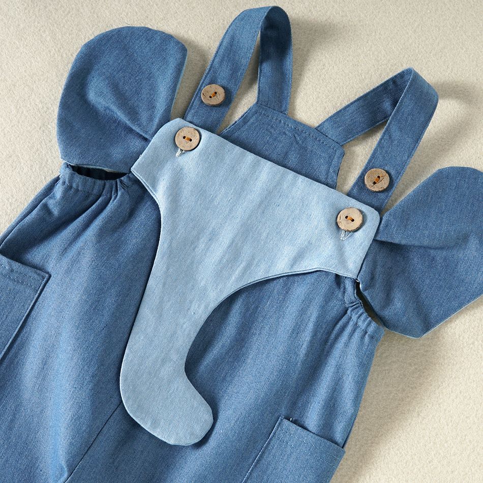 Baby Girl Cartoon Elephant Design Blue Denim Sleeveless Jumpsuit Overalls with Pockets Navy big image 4