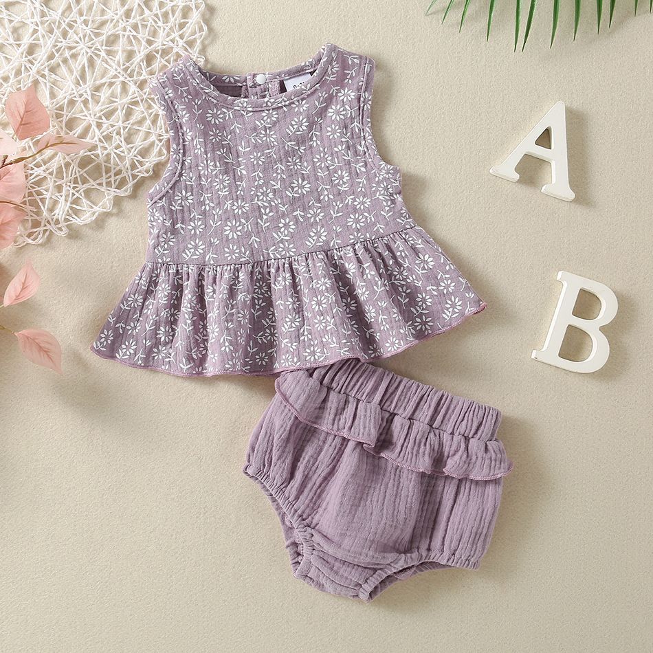 100% Cotton Crepe Baby Girl Floral Allover Sleeveless Tank Top and Flounce Decor Bloomer Shorts Purple Set Purple