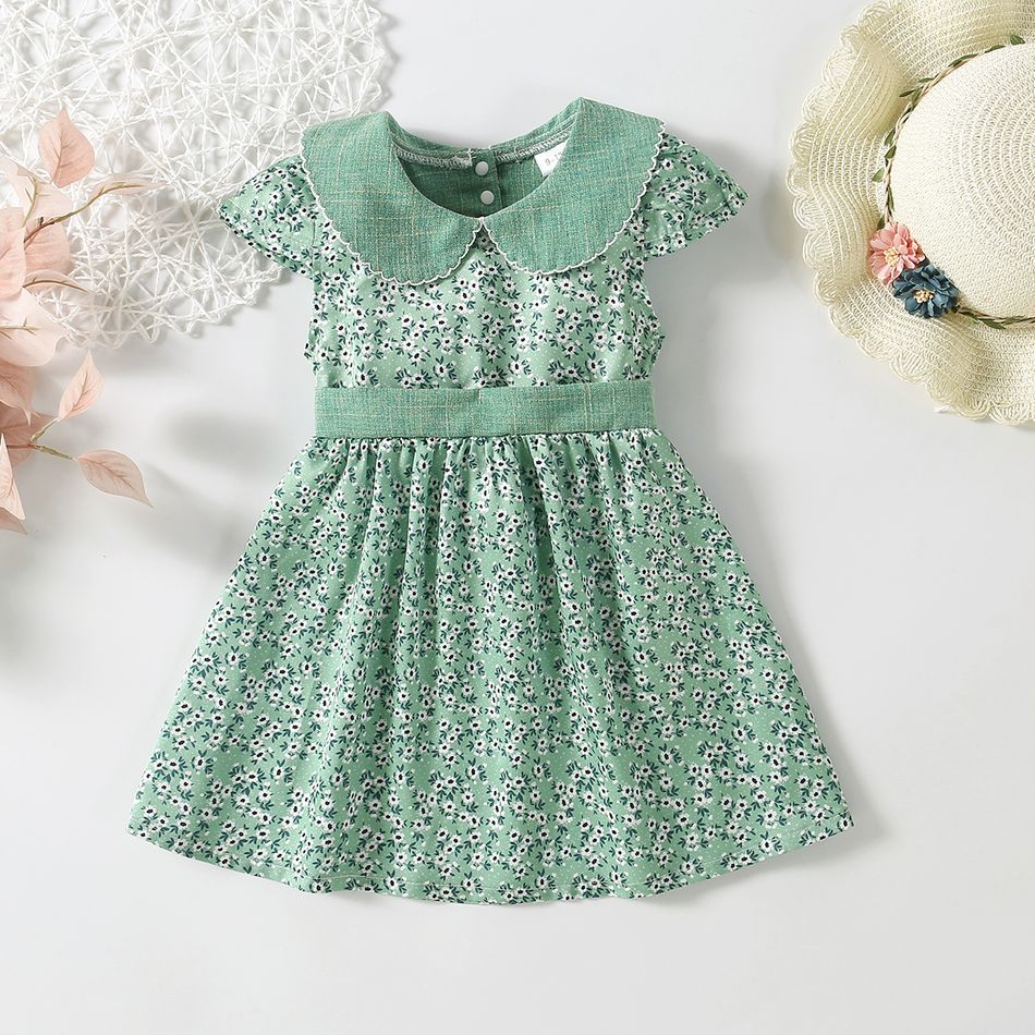 Equally Cute Siblings 100% Cotton Floral and Plaid Short-sleeve Green Set or Dress Green