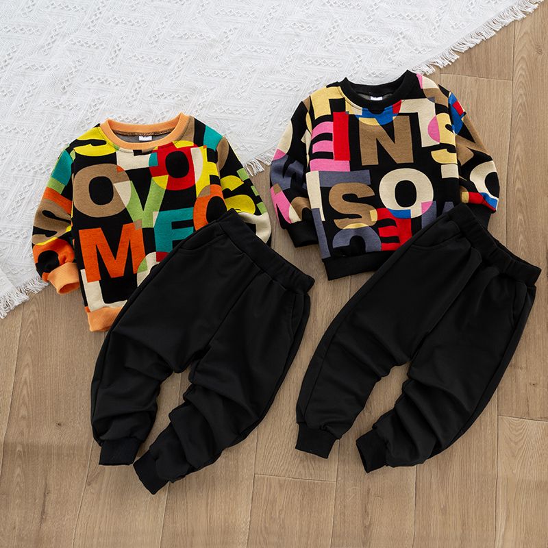 2-piece Toddler Girl/Boy Letter Print Colorblock Pullover and Elasticized Pocket Black Pants Set Orange big image 3