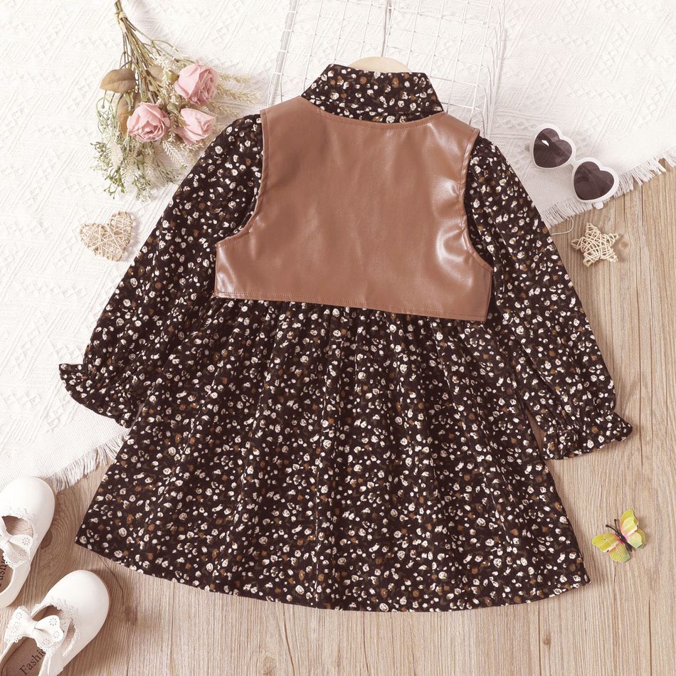 2pcs Toddler Girl Floral Print Lapel Collar Long-sleeve Dress and PU Vest Set Brown big image 2