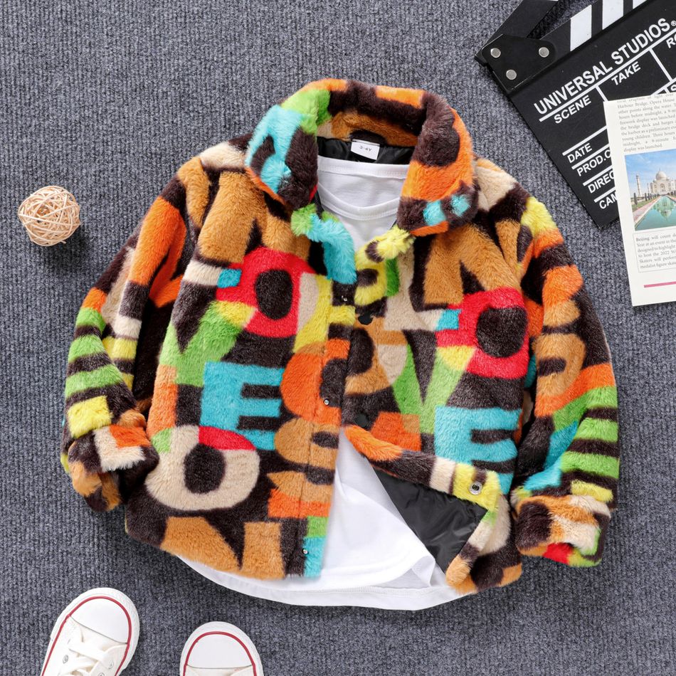 Toddler Boy Letter Allover Print Lapel Collar Fleece Jacket Multi-color