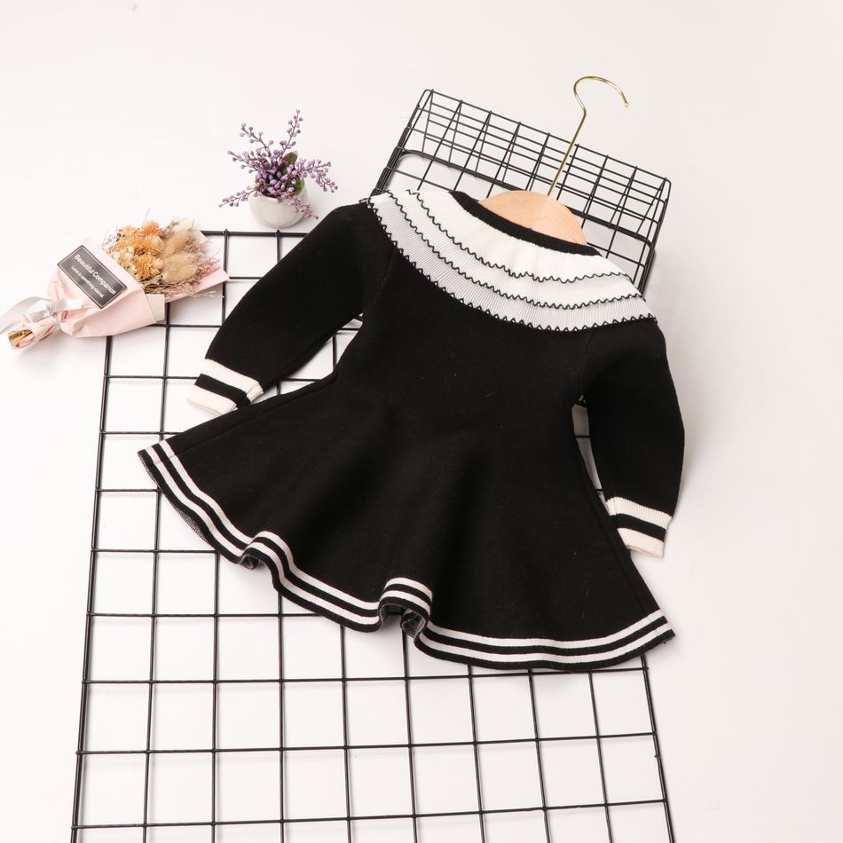 Solid Flounced Collar Long-sleeve Baby Dress Black big image 2