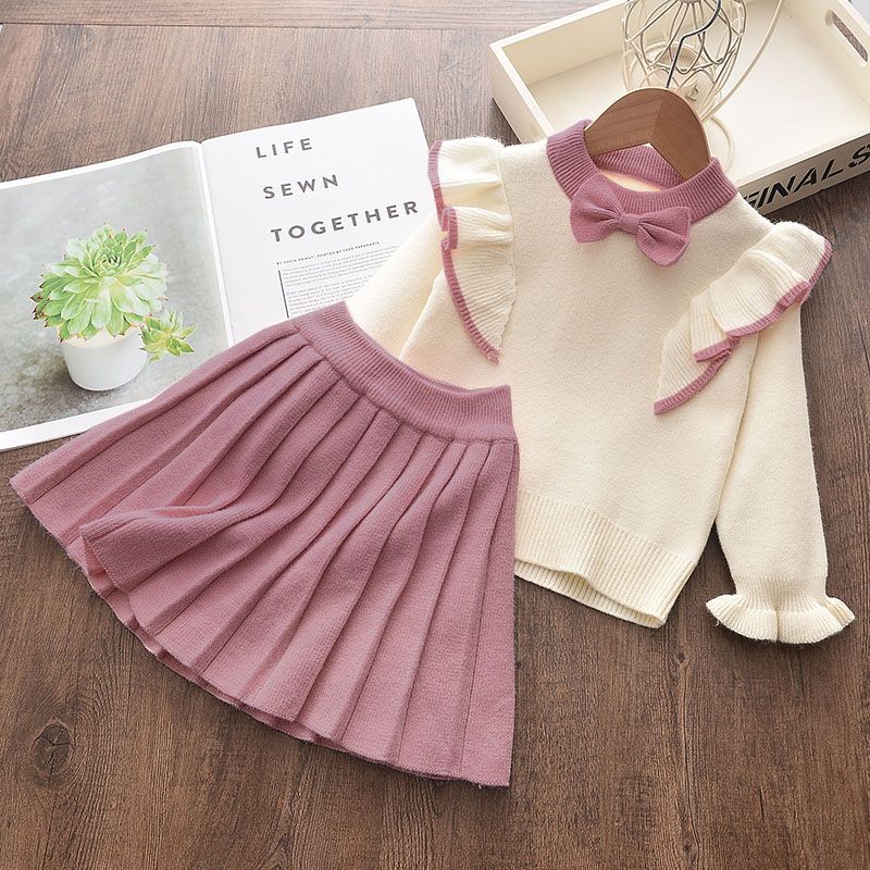 2-piece Baby / Toddler Bowknot Flounced Knitted Top and Pleated Skirt Set Pink big image 2