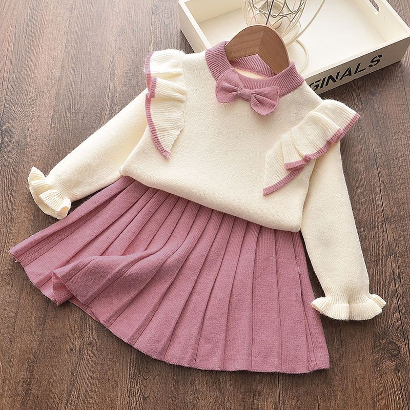 2-piece Baby / Toddler Bowknot Flounced Knitted Top and Pleated Skirt Set Pink big image 1