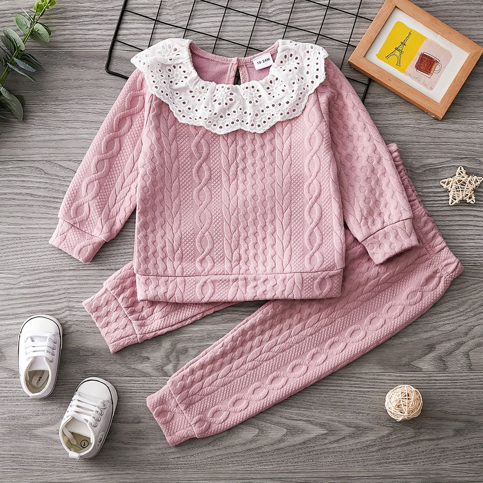 2-piece Toddler Girl Schiffy Flounce Cable Knit Sweater and Pants Set Pink