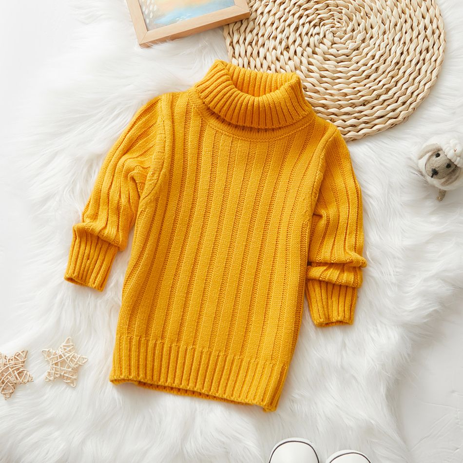 1-piece Toddler Girl Turtleneck Ribbed Knit Sweater/ Heart Embroidered Denim Jeans Yellow big image 1