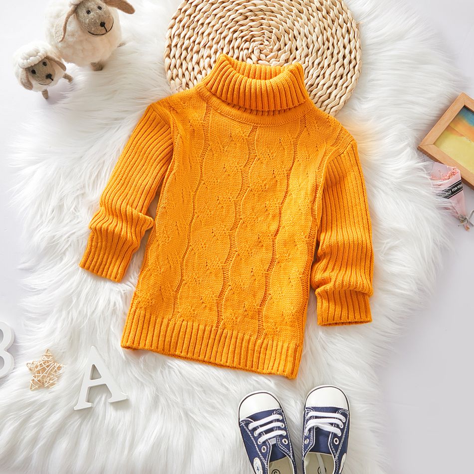 Toddler Girl/Boy Solid Cable Knit Turtleneck Sweater Yellow big image 1