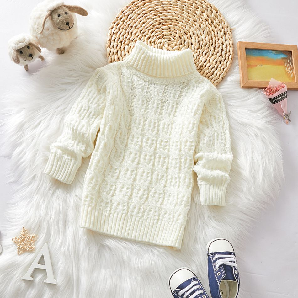 Toddler Girl/Boy Turtleneck Solid Cable Knit Sweater White
