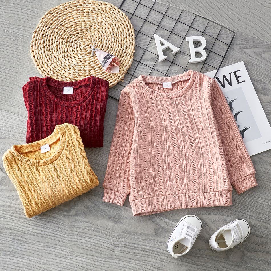 Toddler Girl Solid Casual Cable Knit Sweater Pink big image 3