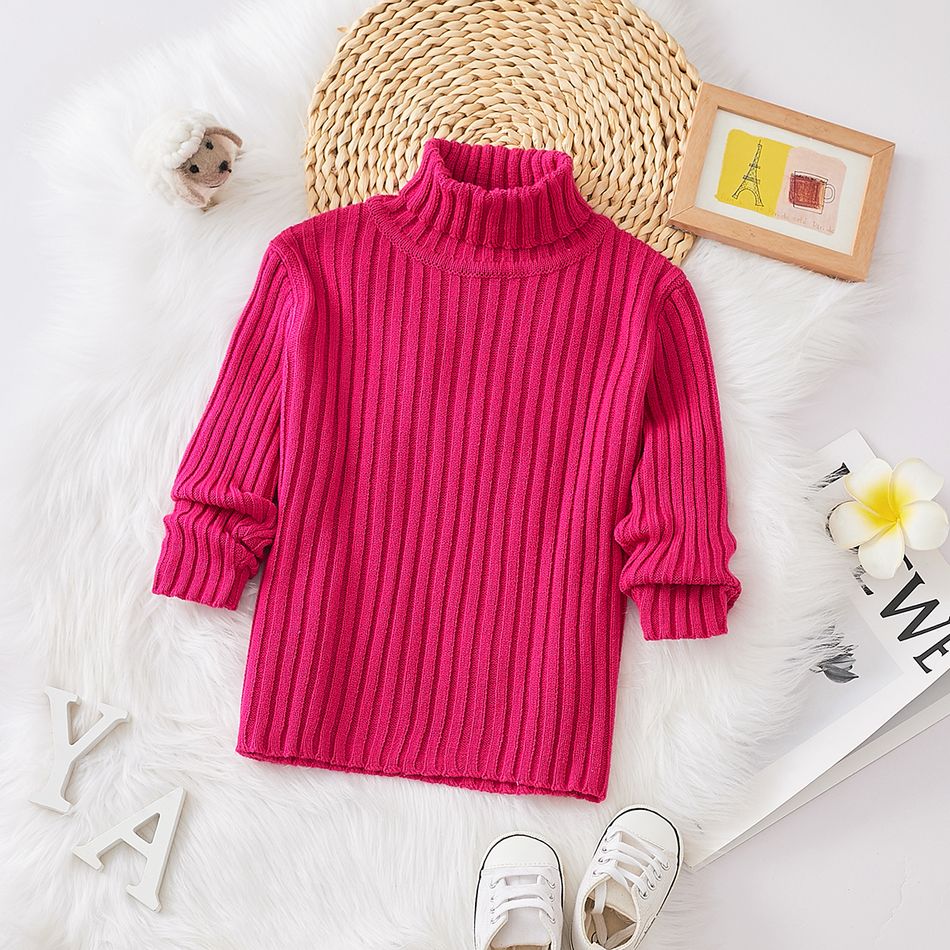 Toddler Girl Turtleneck Solid Color Ribbed Knit Sweater Hot Pink big image 1