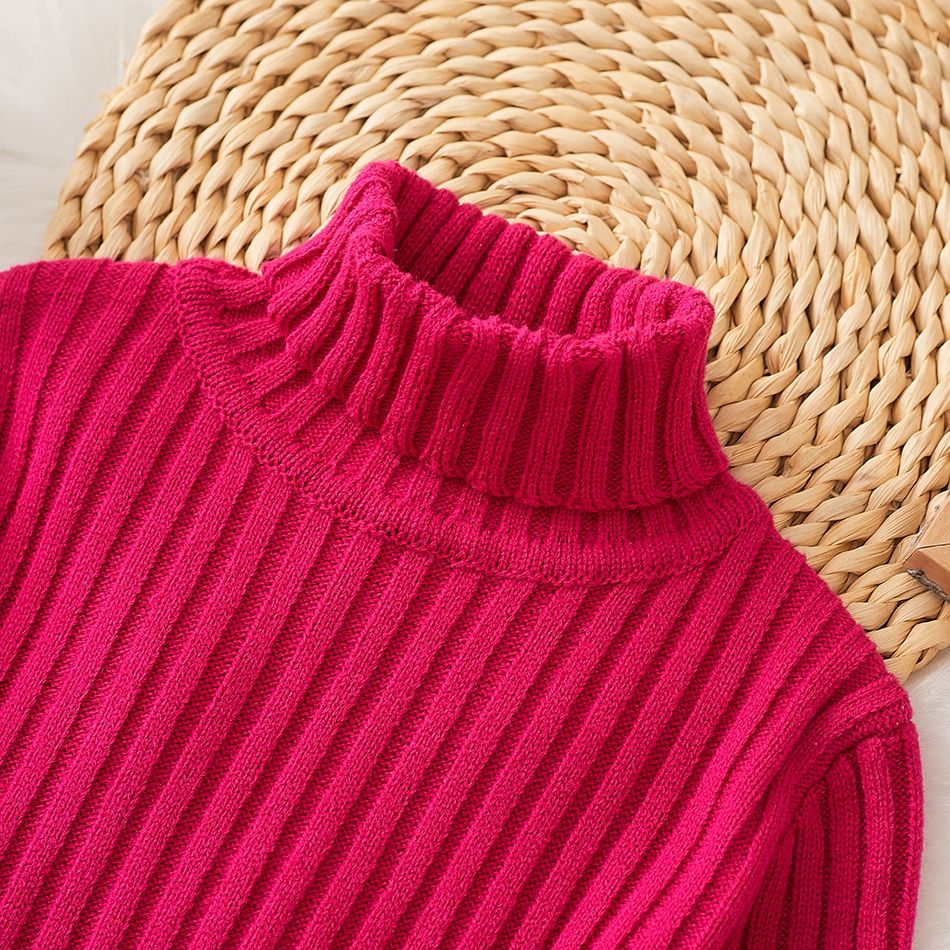 Toddler Girl Turtleneck Solid Color Ribbed Knit Sweater Hot Pink big image 3