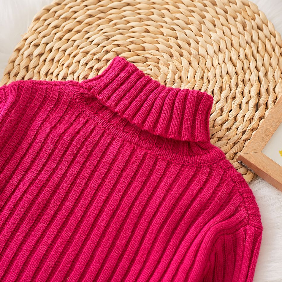 Toddler Girl Turtleneck Solid Color Ribbed Knit Sweater Hot Pink big image 6