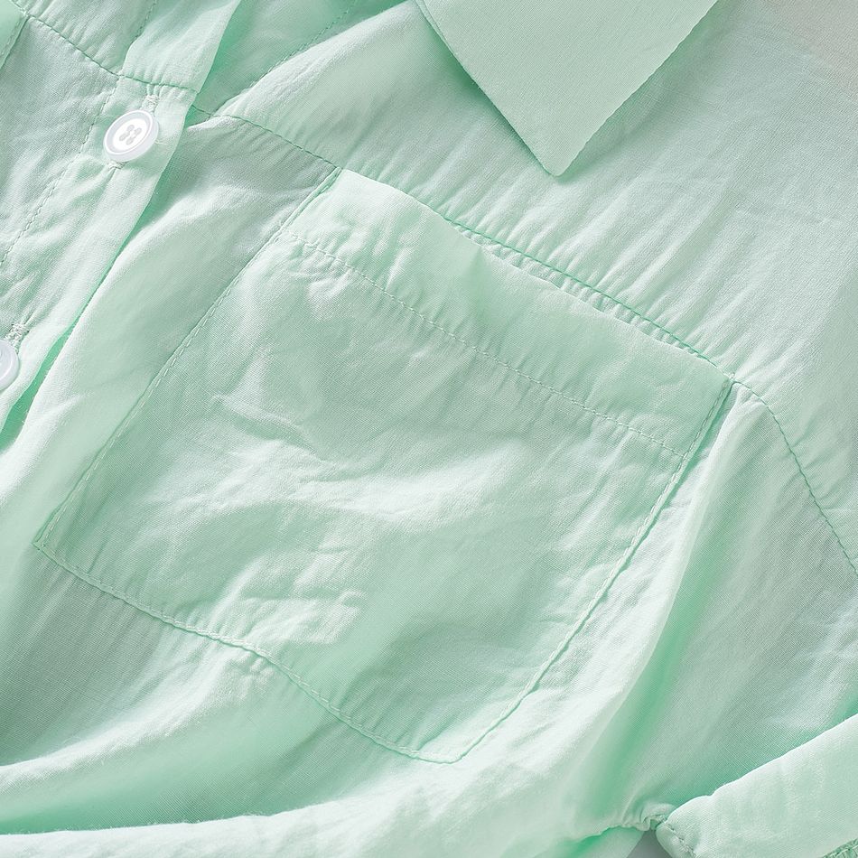طفل صغير فتاة طية صدر السترة طوق التعادل عقدة قميص أخضر قصير الأكمام أخضر big image 7