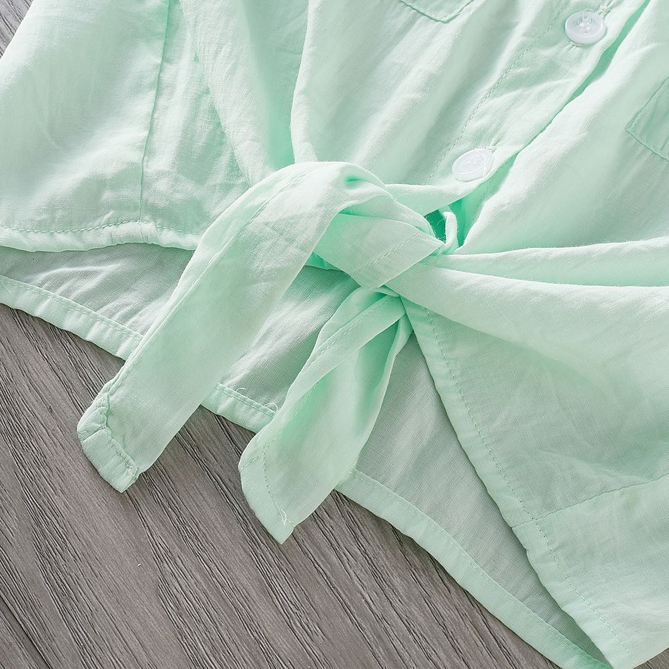 طفل صغير فتاة طية صدر السترة طوق التعادل عقدة قميص أخضر قصير الأكمام أخضر big image 8