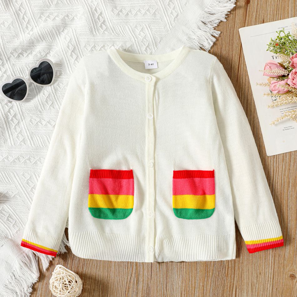 Toddler Girl Striped Pocket Button Design Knit Sweater Cardigan White