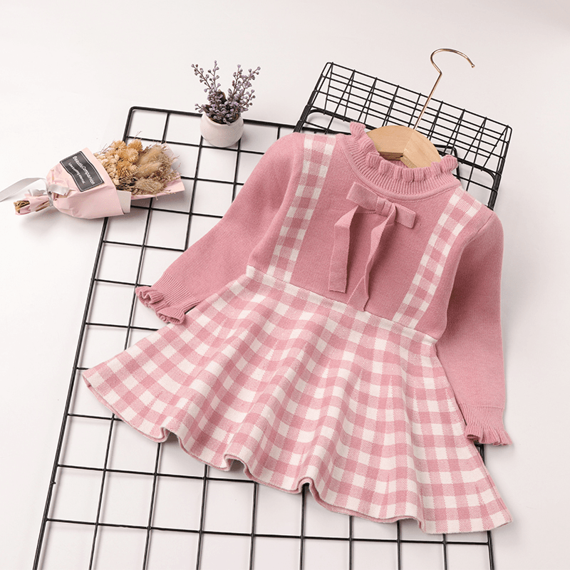 Baby Girl Pink Knitted Long-sleeve Bow Front Spliced Plaid Dress Pink big image 1