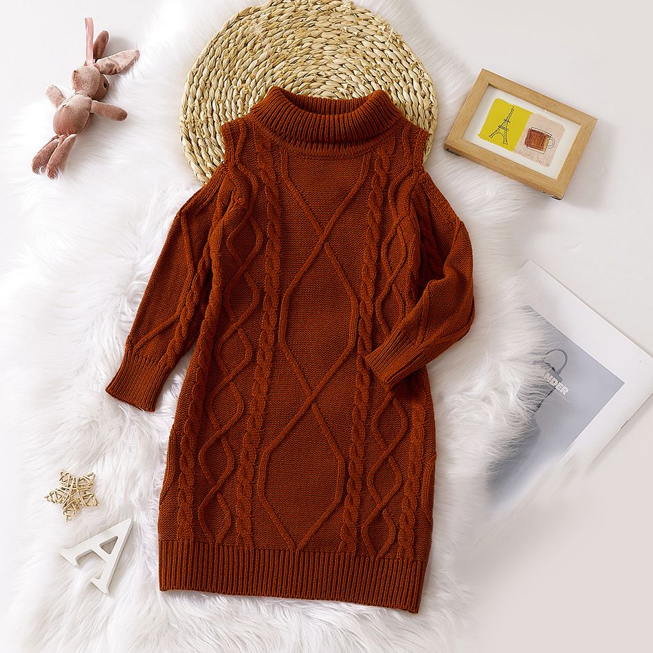 Toddler Girl Elegant Cable Knit Turtleneck Cold Shoulder Long-sleeve Dress Brown