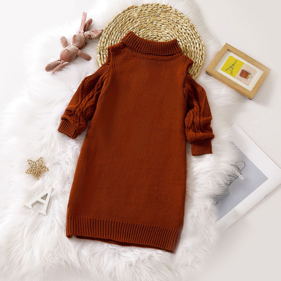 Toddler Girl Elegant Cable Knit Turtleneck Cold Shoulder Long-sleeve Dress Brown big image 4