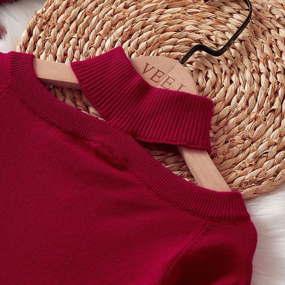 فستان منسوج أحمر طويل الأكمام بياقة مدورة للأطفال الصغار أحمر big image 4