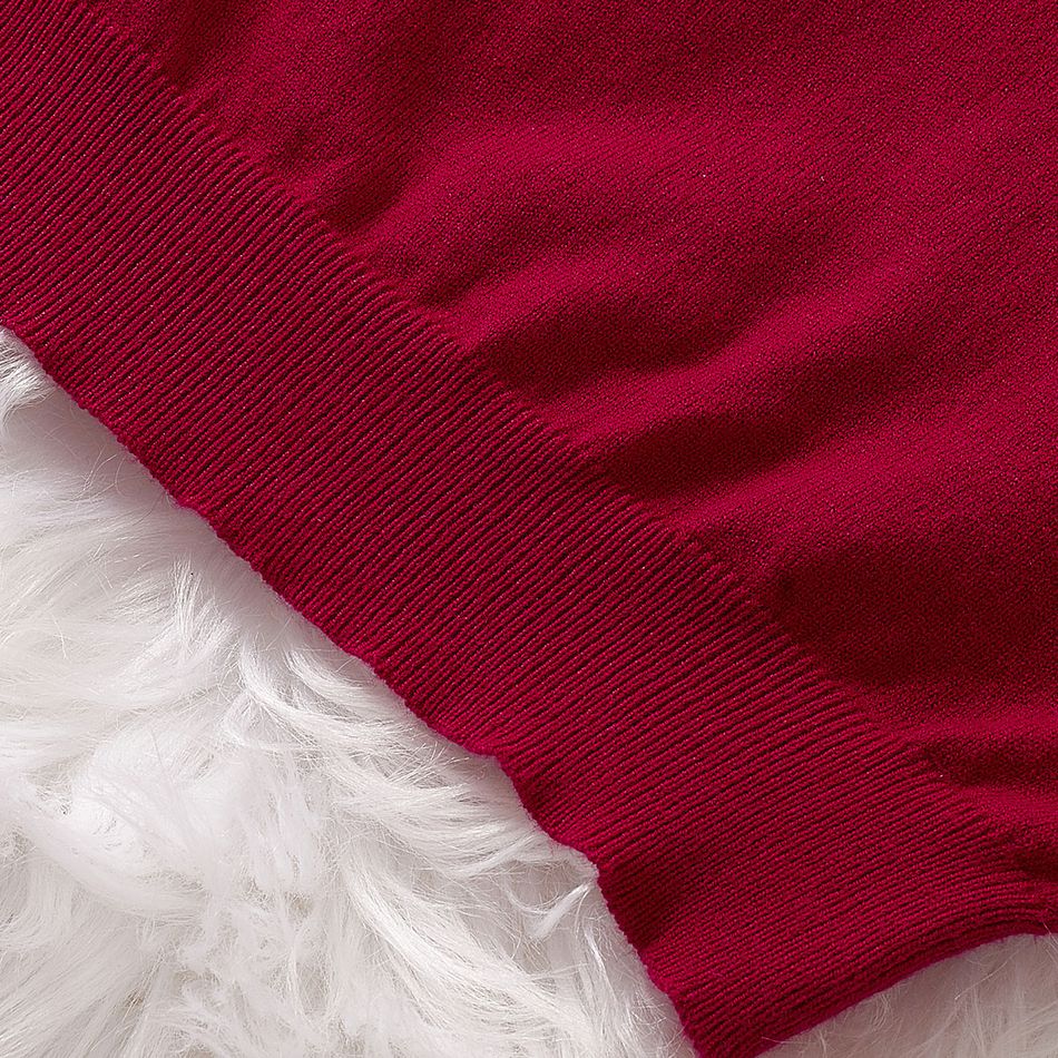 فستان منسوج أحمر طويل الأكمام بياقة مدورة للأطفال الصغار أحمر big image 7