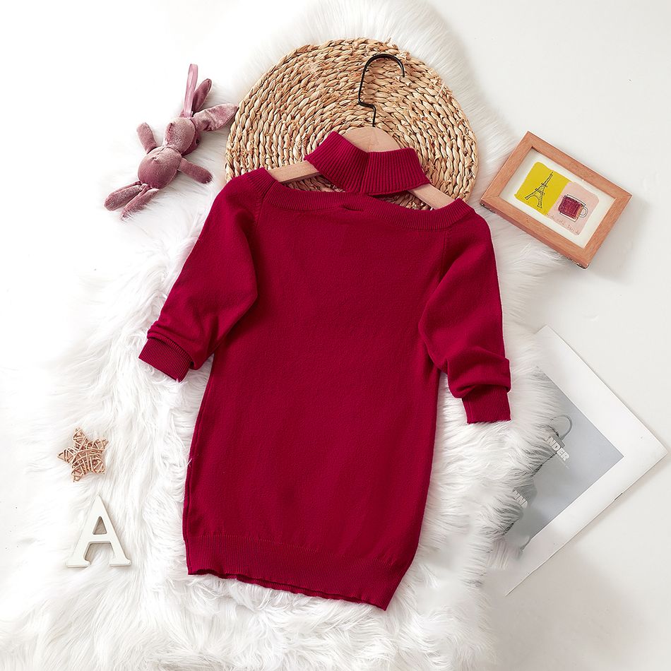 Toddler Girl Turtleneck Cold Shoulder Long-sleeve Red Knit Dress Red big image 3