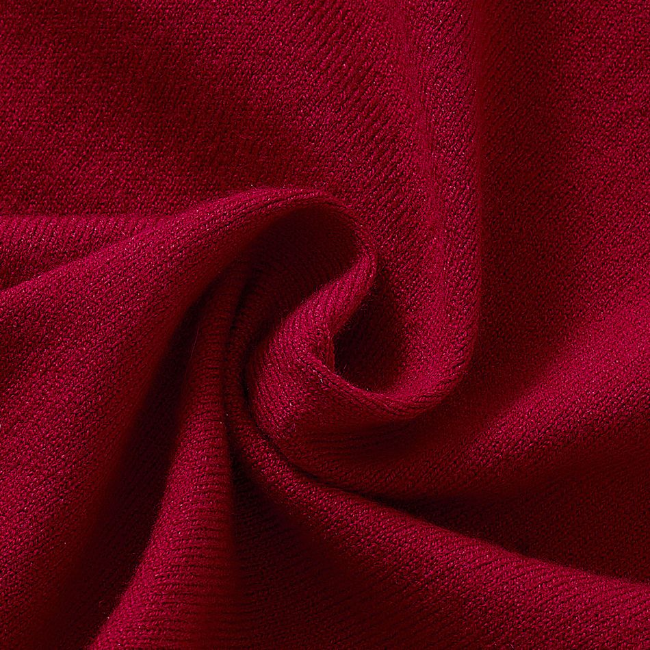 فستان منسوج أحمر طويل الأكمام بياقة مدورة للأطفال الصغار أحمر big image 9