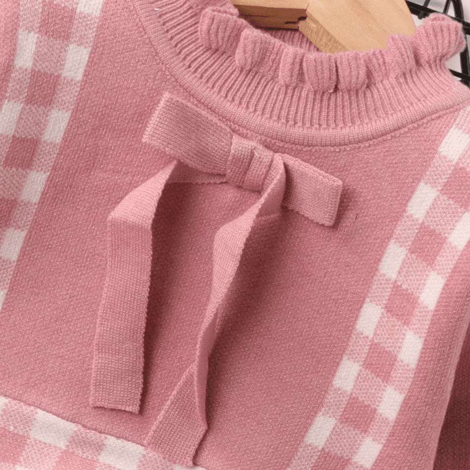 Baby Girl Pink Knitted Long-sleeve Bow Front Spliced Plaid Dress Pink big image 3
