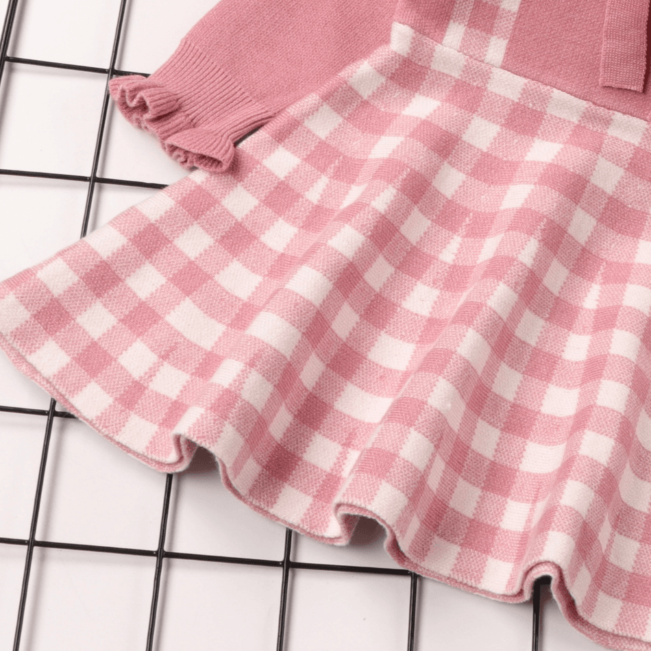 Baby Girl Pink Knitted Long-sleeve Bow Front Spliced Plaid Dress Pink big image 5