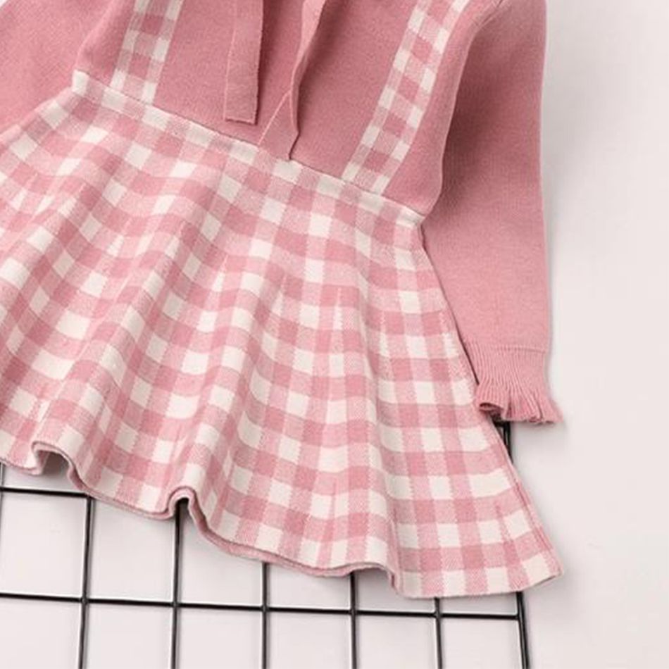 Baby Girl Pink Knitted Long-sleeve Bow Front Spliced Plaid Dress Pink big image 6