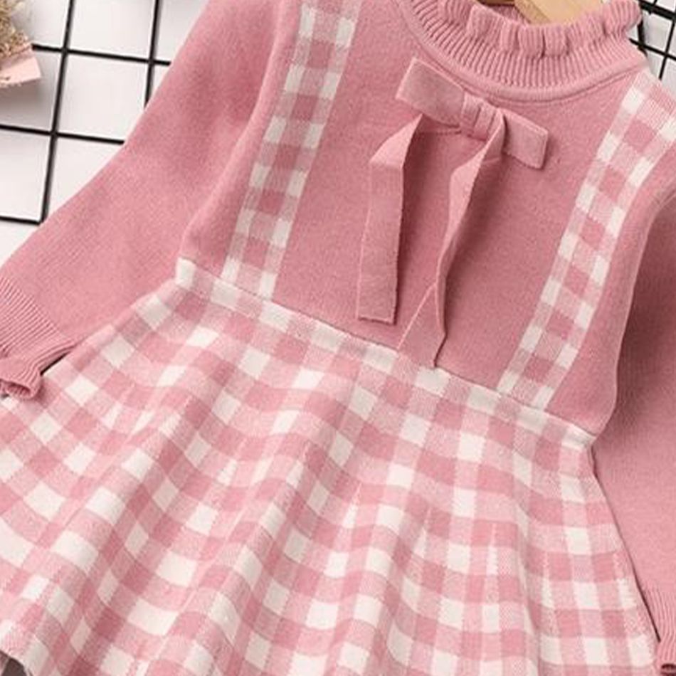 Baby Girl Pink Knitted Long-sleeve Bow Front Spliced Plaid Dress Pink big image 4
