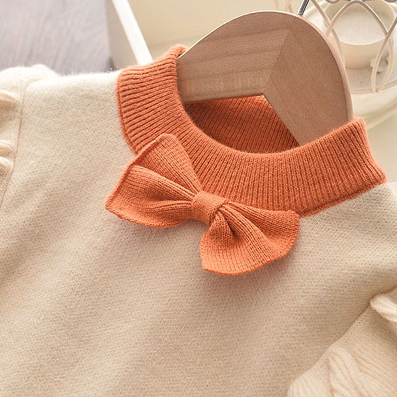 2pcs Baby Girl Bow Front Ruffle Trim Long-sleeve Knitted Sweater and Pleated Skirt Set Orange big image 3