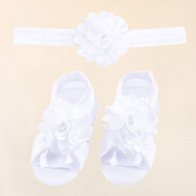 2-pack Lace Flower Barefoot Sandals Foot Flower and Headband Set for Girls White