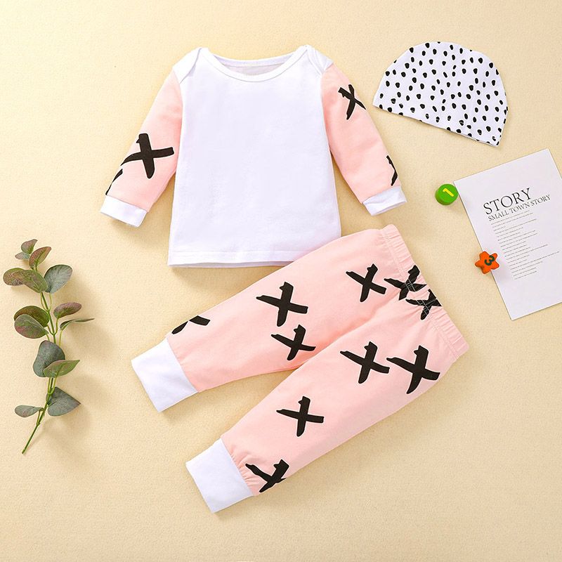 3pcs Baby Criss Cross Print White Long-sleeve Pullover and Trousers Set White